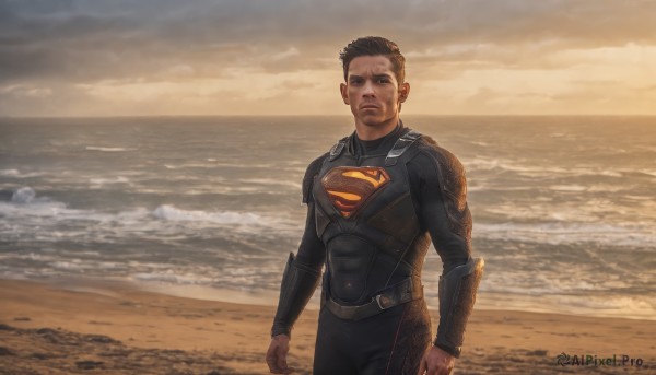 solo,looking at viewer,short hair,brown hair,black hair,1boy,closed mouth,standing,male focus,cowboy shot,outdoors,sky,cloud,water,armor,black eyes,bodysuit,ocean,beach,cloudy sky,clenched hands,science fiction,realistic,sand,arms at sides,horizon,animification,superhero,teeth,sunset,black bodysuit