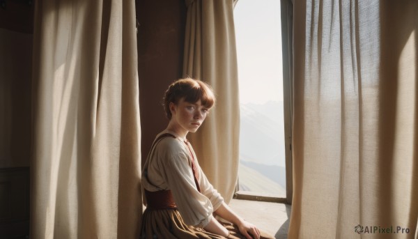 1girl,solo,looking at viewer,short hair,skirt,brown hair,shirt,long sleeves,dress,brown eyes,sitting,white shirt,day,indoors,from side,lips,window,sunlight,suspenders,curtains,freckles,realistic,nose