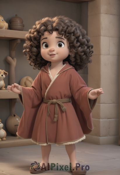 1girl,solo,looking at viewer,smile,brown hair,long sleeves,dress,brown eyes,standing,full body,shoes,indoors,dark skin,wide sleeves,medium hair,lips,brown footwear,stuffed toy,stuffed animal,child,curly hair,teddy bear,robe,female child,long hair,open mouth,collarbone,parted lips,artist name,dark-skinned female,loli,bird,animal,watermark