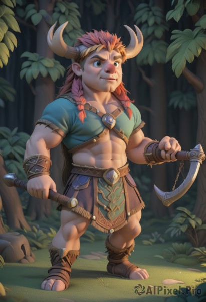 solo,long hair,blue eyes,brown hair,1boy,navel,holding,jewelry,standing,full body,weapon,braid,male focus,red hair,outdoors,horns,midriff,sword,holding weapon,twin braids,tree,muscular,abs,thick eyebrows,grass,pectorals,muscular male,nature,bara,pelvic curtain,furry,forest,antlers,furry male,axe,male child,loincloth,blush,short hair,brown eyes,stomach,orange hair,facial hair,leaf,branch,cow horns,belly,fat,holding axe