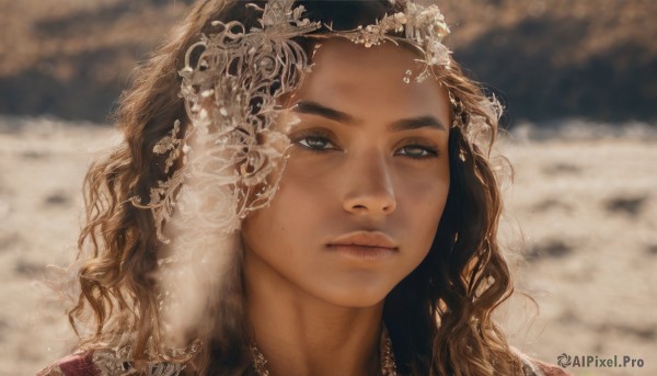 1girl,solo,long hair,blue eyes,brown hair,hair ornament,gloves,jewelry,closed mouth,flower,outdoors,dark skin,necklace,blurry,dark-skinned female,lips,eyelashes,depth of field,blurry background,wavy hair,looking away,portrait,snow,freckles,curly hair,realistic,nose,mole on cheek,looking at viewer,brown eyes,grey eyes,expressionless,veil,close-up