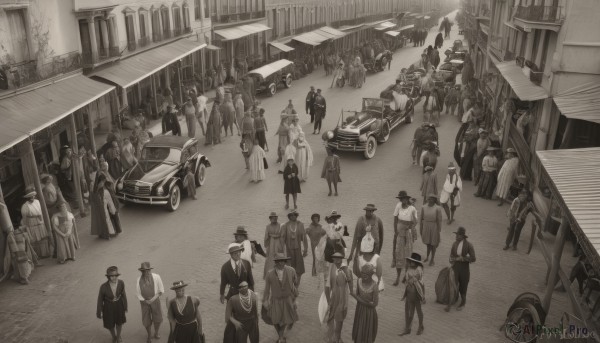 multiple girls,hat,monochrome,greyscale,japanese clothes,multiple boys,uniform,6+girls,formal,suit,ground vehicle,motor vehicle,6+boys,city,car,road,motorcycle,street,crowd,long hair,dress,artist name,scenery,walking,top hat,architecture,east asian architecture,fedora,statue,crosswalk