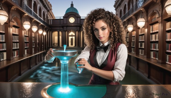 1girl,solo,long hair,looking at viewer,smile,brown hair,shirt,bow,brown eyes,dark skin,bowtie,water,nail polish,vest,dark-skinned female,cup,lips,black bow,table,curly hair,black bowtie,clock,bookshelf,tower,library,pouring,clock tower,fountain,holding,white shirt,upper body,day,collared shirt,indoors,book,window,sleeves rolled up,drinking glass,blue nails,realistic,glass,lamp,sleeves pushed up,bar (place),bartender