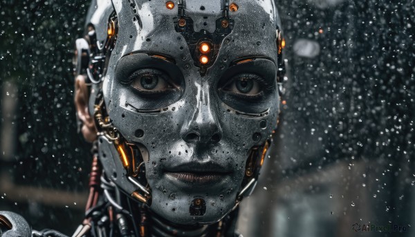 solo,looking at viewer,1boy,male focus,outdoors,blurry,black eyes,lips,depth of field,blurry background,helmet,robot,portrait,mecha,snow,close-up,1other,science fiction,snowing,realistic,cable,cyborg,cyberpunk,1girl,black hair,closed mouth,expressionless,android