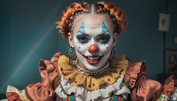 A clown amidst a idyllic dynamic scene