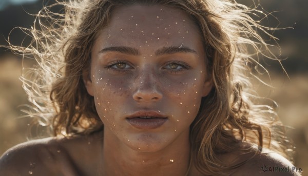 1girl,solo,long hair,looking at viewer,blonde hair,brown hair,brown eyes,yellow eyes,parted lips,teeth,blurry,lips,eyelashes,depth of field,blurry background,thick eyebrows,messy hair,portrait,light particles,close-up,freckles,curly hair,realistic,nose,open mouth,floating hair,scar,wind