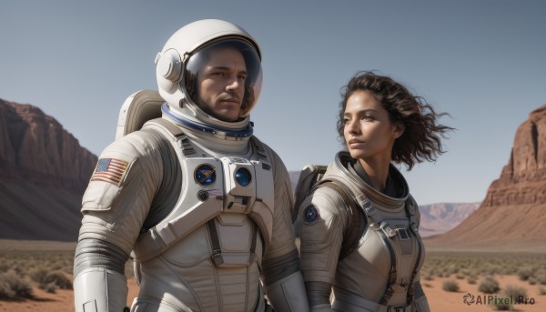 1girl,short hair,brown hair,1boy,brown eyes,upper body,outdoors,sky,day,dark skin,armor,dark-skinned female,lips,helmet,science fiction,curly hair,mountain,realistic,pilot suit,american flag,spacesuit,desert,astronaut,hetero,signature,looking at another,facial hair,backpack,couple,wind,side-by-side