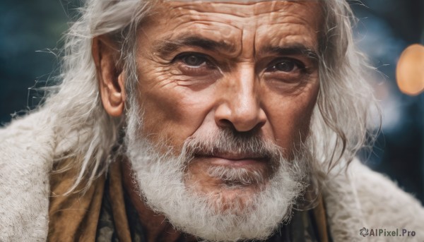 solo,looking at viewer,1boy,closed mouth,white hair,male focus,blurry,grey eyes,fur trim,depth of field,blurry background,facial hair,scar,portrait,beard,realistic,mustache,manly,old,old man,wrinkled skin,grey hair,signature,lips,scar on face,close-up,nose,scar across eye