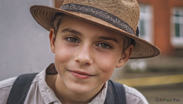 solo,looking at viewer,smile,short hair,brown hair,shirt,black hair,1boy,hat,brown eyes,closed mouth,white shirt,upper body,male focus,outdoors,collared shirt,bag,blurry,lips,depth of field,blurry background,portrait,freckles,realistic,brown headwear,straw hat,photo background,backpack