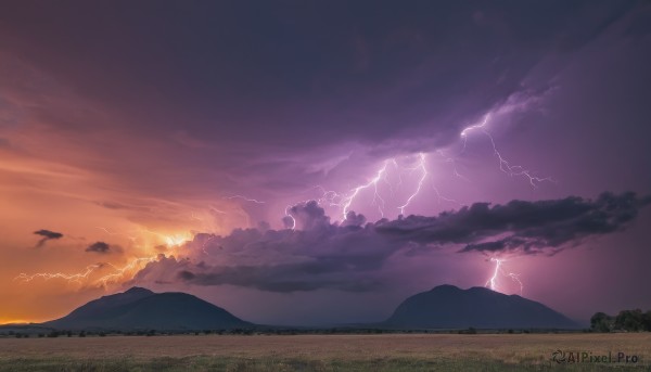 outdoors,sky,cloud,tree,no humans,cloudy sky,grass,nature,scenery,sunset,mountain,sun,silhouette,electricity,field,lightning,landscape,mountainous horizon,hill