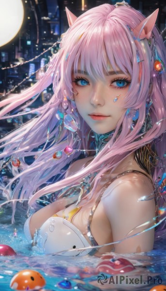 1girl,solo,long hair,breasts,looking at viewer,bangs,blue eyes,large breasts,cleavage,bare shoulders,jewelry,medium breasts,closed mouth,swimsuit,upper body,pink hair,bikini,earrings,horns,water,necklace,lips,wet,makeup,night,moon,gem,partially submerged,fish,hair ornament,outdoors,sky,shiny,artist name,shiny hair,from side,eyelashes,facial mark,thick eyebrows,oni horns,water drop,realistic,nose,blue gemstone,blue horns