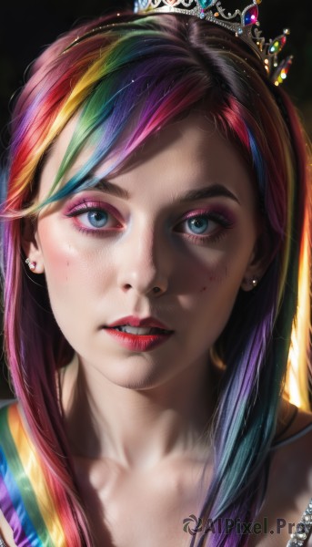 1girl,solo,long hair,looking at viewer,bangs,blue eyes,jewelry,collarbone,pink hair,purple hair,multicolored hair,earrings,parted lips,teeth,artist name,signature,lips,streaked hair,eyelashes,makeup,swept bangs,watermark,piercing,tiara,crown,lipstick,ear piercing,portrait,web address,eyeshadow,freckles,realistic,nose,red lips,stud earrings,eyeliner,mascara,rainbow hair,blue hair,red hair,green hair