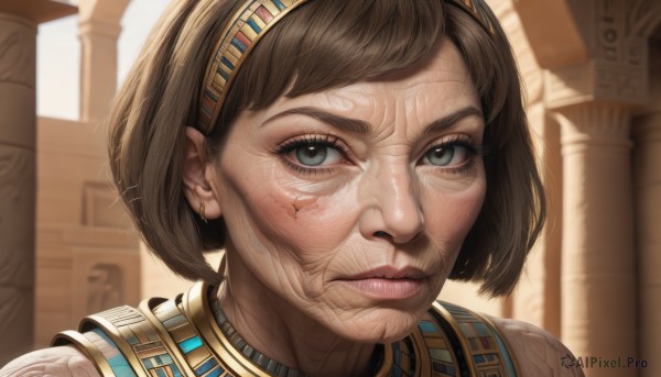 1girl,solo,looking at viewer,short hair,bangs,blue eyes,brown hair,jewelry,closed mouth,green eyes,hairband,earrings,lips,eyelashes,piercing,portrait,close-up,freckles,veins,realistic,nose,pillar,gold,egyptian,egyptian clothes,blurry,scar,bob cut,serious