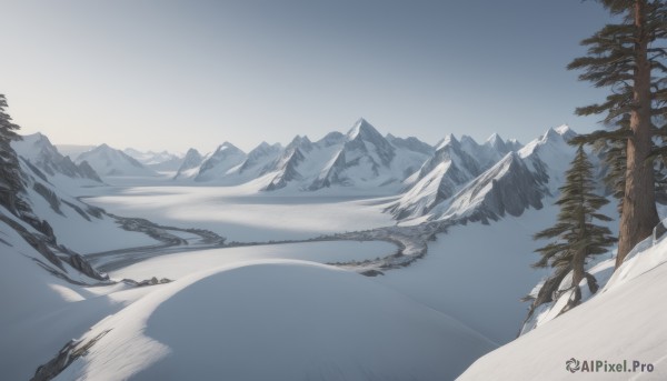 solo,outdoors,sky,day,signature,tree,no humans,nature,scenery,snow,forest,mountain,winter,bare tree,landscape,mountainous horizon,ambiguous gender,lake,fog,footprints,pine tree,cloud,blue sky