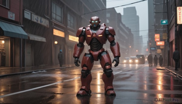 blue eyes,1boy,standing,outdoors,solo focus,no humans,glowing,robot,ground vehicle,building,mecha,glowing eyes,motor vehicle,reflection,science fiction,rain,city,sign,realistic,car,road,police,power lines,street,open hands,puddle,lights,traffic light,radio antenna,truck,looking at viewer,multiple boys,signature,night,emblem,lamppost,crowd