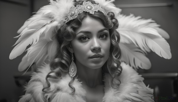 1girl,solo,long hair,looking at viewer,hair ornament,jewelry,closed mouth,collarbone,monochrome,greyscale,earrings,lips,fur trim,eyelashes,tiara,feathers,portrait,curly hair,realistic,nose,headdress,feather hair ornament