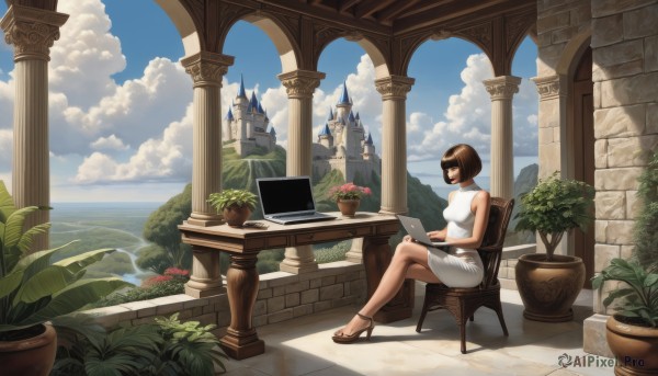 1girl,solo,breasts,short hair,brown hair,dress,bare shoulders,sitting,flower,outdoors,sky,sleeveless,day,cloud,water,white dress,high heels,blue sky,sleeveless dress,ocean,chair,sandals,table,bob cut,crossed legs,cloudy sky,plant,building,scenery,city,horizon,potted plant,computer,ruins,pillar,castle,laptop,flower pot,column,cactus,black hair