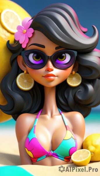 1girl,solo,long hair,breasts,looking at viewer,smile,black hair,hair ornament,cleavage,bare shoulders,jewelry,medium breasts,green eyes,collarbone,swimsuit,yellow eyes,upper body,flower,bikini,multicolored hair,earrings,small breasts,parted lips,food,day,artist name,hair flower,dark skin,dark-skinned female,lips,makeup,fruit,beach,sunglasses,lipstick,tan,bikini top only,pink flower,eyeshadow,black-framed eyewear,orange (fruit),lemon,flower earrings,lemon slice,multicolored bikini,food-themed earrings,pink hair,outdoors,watermark,wavy hair,light smile,web address,multicolored clothes,nose,strap gap,hibiscus,tinted eyewear,orange slice,pineapple