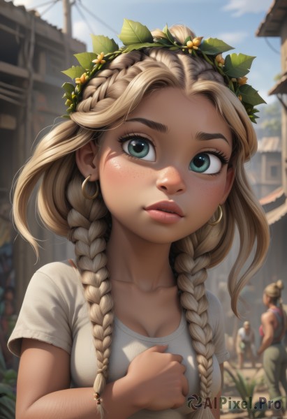 1girl,long hair,breasts,looking at viewer,blush,bangs,blue eyes,multiple girls,blonde hair,shirt,hair ornament,1boy,2girls,cleavage,jewelry,medium breasts,closed mouth,green eyes,collarbone,white shirt,upper body,braid,flower,short sleeves,hairband,earrings,small breasts,outdoors,parted lips,sky,solo focus,day,artist name,cloud,hair flower,hair bun,blurry,twin braids,aqua eyes,blue sky,lips,eyelashes,depth of field,blurry background,leaf,thick eyebrows,plant,hand on own chest,building,clenched hand,hair over shoulder,freckles,hoop earrings,realistic,nose,hair tie,overalls,head wreath,mascara,teeth,3girls,bracelet,t-shirt,power lines