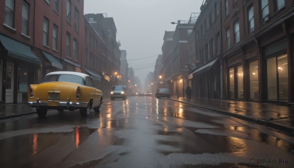 outdoors,sky,cloud,water,no humans,window,night,ground vehicle,building,scenery,motor vehicle,reflection,rain,city,car,road,vehicle focus,power lines,lamppost,street,utility pole,puddle,grey sky,sports car,crosswalk