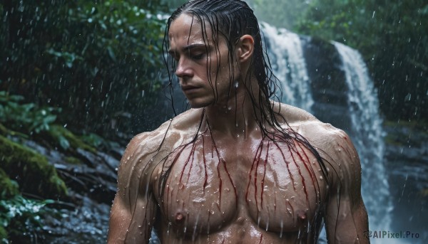 solo, long hair, black hair, 1boy, closed mouth, nipples, closed eyes, upper body, male focus, outdoors, water, blurry, wet, blood, muscular, blurry background, pectorals, muscular male, rain, realistic, wet hair, manly, hair slicked back, waterfall