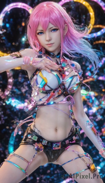 1girl,solo,long hair,breasts,looking at viewer,smile,blue eyes,navel,hair between eyes,bare shoulders,jewelry,medium breasts,blue hair,pink hair,multicolored hair,cowboy shot,shorts,midriff,belt,stomach,nail polish,blurry,bracelet,two-tone hair,lips,crop top,short shorts,gradient hair,thigh strap,ass visible through thighs,black shorts,pink nails,navel piercing,watermark,hand on own chest,science fiction,realistic,cable