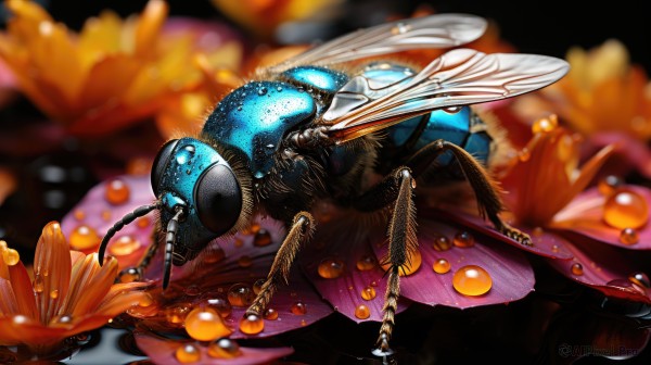 solo,wings,blurry,no humans,depth of field,blurry background,bug,black background,water drop,realistic,antennae,insect wings,flower,animal,robot,dragonfly