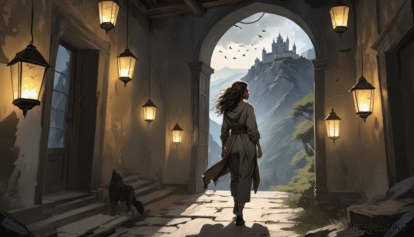 1girl,solo,long hair,brown hair,black hair,long sleeves,standing,boots,outdoors,sky,cloud,from behind,black footwear,tree,sash,window,shadow,bird,animal,cloudy sky,wind,building,scenery,walking,dog,robe,lantern,stairs,mountain,fantasy,door,facing away,architecture,house,wide shot,1boy,male focus,earrings,day,grass,wolf,arch