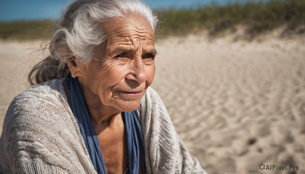 1girl,solo,long hair,smile,1boy,closed mouth,closed eyes,upper body,white hair,grey hair,male focus,outdoors,day,blurry,lips,blurry background,facing viewer,realistic,old,old man,photo background,old woman,wrinkled skin,japanese clothes,dougi