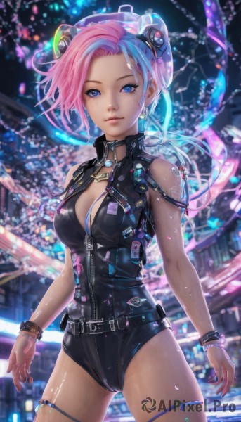 1girl,solo,long hair,breasts,looking at viewer,short hair,blue eyes,hair ornament,cleavage,bare shoulders,jewelry,medium breasts,closed mouth,blue hair,standing,pink hair,multicolored hair,cowboy shot,earrings,choker,belt,blurry,collar,bracelet,two-tone hair,leotard,lips,clothing cutout,tattoo,thigh strap,blurry background,headgear,ass visible through thighs,black leotard,zipper,freckles,science fiction,cyberpunk,smile,shiny,mole,shiny skin,watermark,web address,shiny clothes,realistic