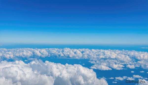 monochrome,outdoors,sky,day,cloud,blue sky,no humans,ocean,cloudy sky,scenery,blue theme,horizon,landscape,above clouds,signature,water,bird,flock