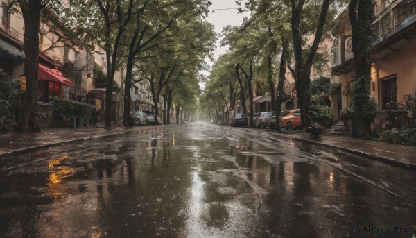 outdoors, sky, water, tree, no humans, window, plant, ground vehicle, building, scenery, motor vehicle, reflection, city, car, road, house, power lines, lamppost, street, puddle