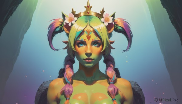 1girl,solo,long hair,breasts,looking at viewer,blush,blue eyes,large breasts,hair ornament,cleavage,twintails,upper body,pink hair,braid,flower,nude,multicolored hair,green hair,pointy ears,hair flower,twin braids,two-tone hair,lips,gradient hair,makeup,colored skin,tiara,crown,monster girl,nose,green skin,forehead jewel,plant girl,bangs,medium breasts,collarbone,gradient,parted bangs,eyelashes,portrait