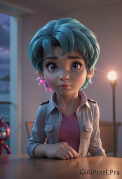 1girl,solo,looking at viewer,short hair,blue eyes,shirt,closed mouth,blue hair,collarbone,jacket,upper body,pink hair,multicolored hair,open clothes,sky,solo focus,artist name,indoors,signature,blurry,two-tone hair,open jacket,lips,eyelashes,window,aqua hair,makeup,night,depth of field,blurry background,watermark,table,thick eyebrows,web address,sleeves rolled up,pocket,pink shirt,realistic,nose,unbuttoned,lamp,mascara,deviantart username,denim jacket,blush,long sleeves,1boy,sitting,uniform,bodysuit,mask,child,backlighting,reflection,light,breast pocket,police,lamppost,superhero,police uniform