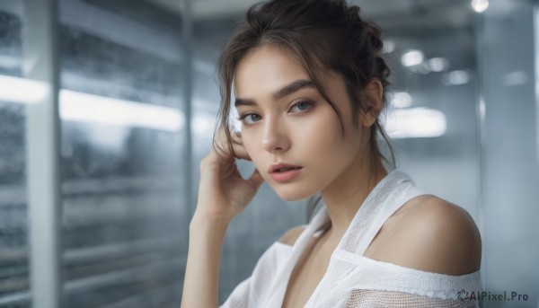 1girl,solo,looking at viewer,short hair,brown hair,dress,bare shoulders,brown eyes,upper body,parted lips,blurry,lips,grey eyes,blurry background,realistic,nose,blue eyes,indoors,hand up,off shoulder,depth of field,thick eyebrows,portrait