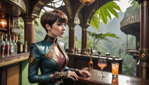 1girl,solo,breasts,short hair,bangs,brown hair,long sleeves,cleavage,brown eyes,jewelry,medium breasts,sitting,jacket,upper body,belt,indoors,nail polish,tree,cup,lips,fingernails,looking to the side,makeup,looking away,table,ring,bottle,plant,scenery,pink nails,alcohol,drinking glass,nose,drink,glass,wine glass,wine,wine bottle,parted lips,lipstick,palm tree