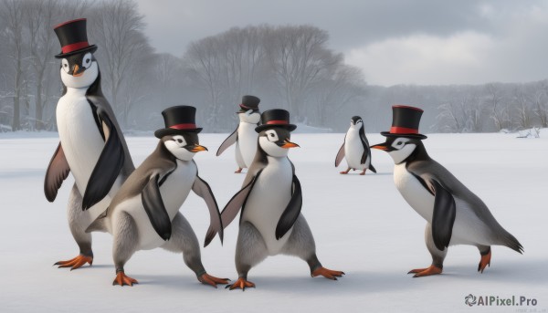 hat,standing,outdoors,day,artist name,tree,no humans,black headwear,bird,animal,nature,snow,walking,top hat,animal focus,winter,penguin,bow,sky,scenery