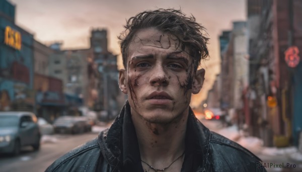 solo,looking at viewer,short hair,shirt,black hair,1boy,jewelry,closed mouth,jacket,upper body,male focus,earrings,outdoors,necklace,blurry,black eyes,blood,blurry background,scar,ground vehicle,building,messy hair,portrait,motor vehicle,blood on face,city,realistic,car,undercut,denim jacket,lips,black jacket,depth of field,road