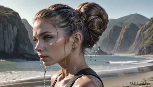 1girl,solo,short hair,brown hair,brown eyes,jewelry,braid,earrings,outdoors,parted lips,day,water,hair bun,from side,lips,wet,grey eyes,beach,single hair bun,tank top,portrait,freckles,mountain,realistic,nose,lake,blonde hair,hair ornament,bare shoulders,collarbone,sweat,sky,blurry,eyelashes,wet hair,looking afar,dripping,river