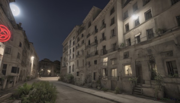 outdoors,sky,tree,no humans,window,night,moon,plant,building,night sky,scenery,full moon,stairs,city,sign,door,potted plant,road,lamppost,street,star (sky),starry sky,light,lamp,cityscape