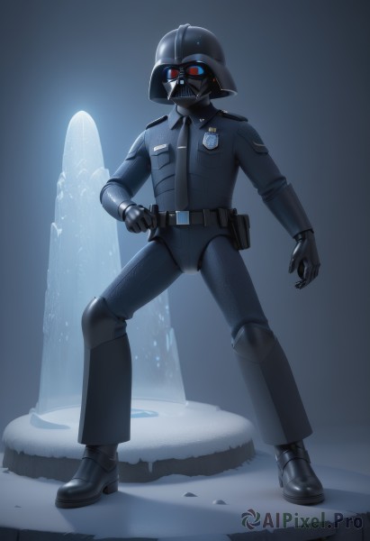 solo,red eyes,gloves,1boy,standing,full body,weapon,male focus,belt,black footwear,armor,uniform,mask,glowing,helmet,robot,science fiction,ice,pouch,emblem,police,police uniform,gas mask,looking at viewer,holding,jacket,boots,necktie,shoes,black gloves,pants,sword,signature,holding weapon,black jacket,military,military uniform,black pants,formal,suit,black necktie,black belt,badge,belt pouch