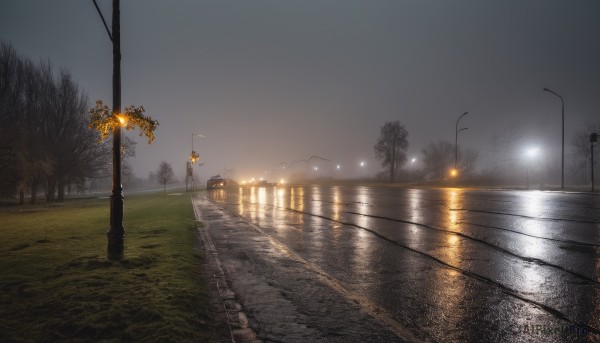 outdoors,sky,cloud,water,tree,dutch angle,no humans,night,grass,building,scenery,reflection,sunset,light,road,bridge,lamppost,bare tree,river,signature,night sky,bench