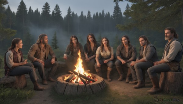 1girl,long hair,breasts,multiple girls,brown hair,shirt,black hair,sitting,jacket,white shirt,boots,outdoors,food,multiple boys,sky,pants,hood,vest,tree,facial hair,brown footwear,grass,fire,nature,beard,sleeves rolled up,forest,6+boys,mustache,5boys,tree stump,log,campfire,smile,2girls,cleavage,jewelry,3girls,necklace,denim,rain,jeans,realistic,bandana,goatee