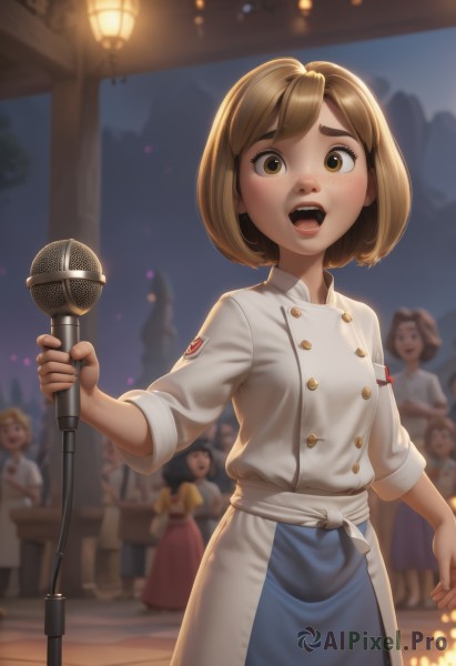 1girl,looking at viewer,blush,smile,short hair,open mouth,bangs,multiple girls,skirt,blonde hair,brown hair,shirt,long sleeves,dress,holding,brown eyes,standing,white shirt,outdoors,multiple boys,teeth,solo focus,indoors,blurry,apron,tree,night,buttons,depth of field,blurry background,upper teeth only,bob cut,5girls,child,microphone,freckles,music,female child,double-breasted,holding microphone,singing,badge,microphone stand,crowd,stage,chef,people,lips,blue skirt,6+girls,thick eyebrows