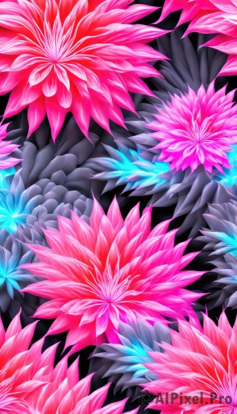 solo,flower,no humans,black background,close-up,pink flower,scales,still life,pokemon (creature),glowing,leaf,rock,colorful