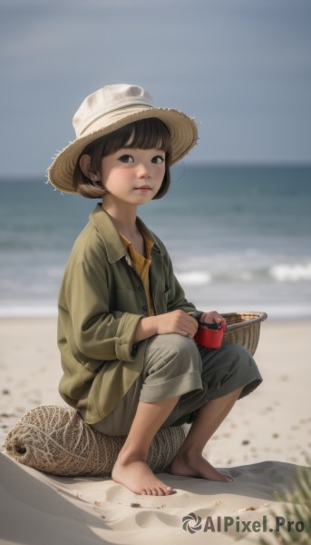 1girl,solo,looking at viewer,short hair,bangs,brown hair,shirt,long sleeves,hat,holding,brown eyes,sitting,closed mouth,jacket,full body,outdoors,sky,shorts,barefoot,day,pants,blunt bangs,water,blurry,black eyes,feet,cup,blue sky,lips,toes,depth of field,blurry background,ocean,animal,beach,squatting,toenails,sun hat,yellow shirt,green jacket,sand,straw hat,horizon,basket,bucket,grey pants,turtle,pants rolled up,blush,holding cup,rock,realistic,dirty,shell,seashell,dirty feet