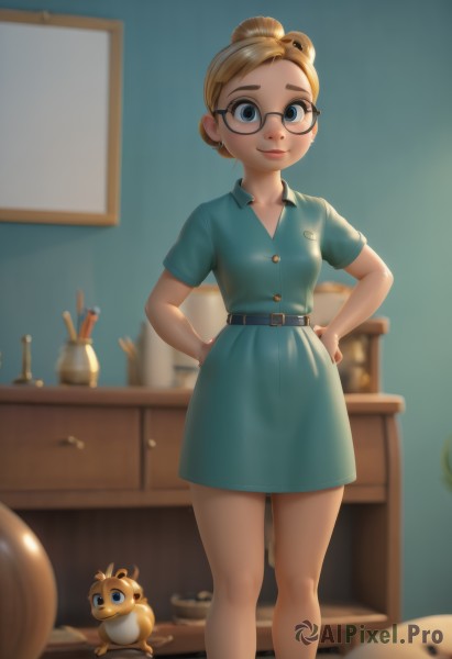 1girl,solo,breasts,looking at viewer,smile,short hair,blue eyes,blonde hair,dress,jewelry,closed mouth,standing,short sleeves,earrings,small breasts,glasses,belt,artist name,indoors,hair bun,blurry,lips,bare legs,buttons,depth of field,blurry background,feet out of frame,blue dress,single hair bun,freckles,black-framed eyewear,hands on hips,cabinet,aged down,child,updo,aqua dress