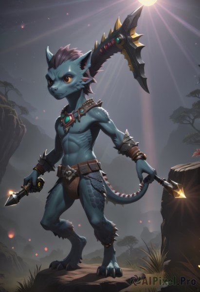 solo,looking at viewer,smile,red eyes,1boy,holding,animal ears,jewelry,nipples,standing,tail,full body,weapon,male focus,outdoors,sky,belt,sword,cat ears,necklace,holding weapon,bracelet,tree,cat tail,orange eyes,night,colored skin,abs,knife,star (sky),furry,colored sclera,dual wielding,topless male,blue skin,dagger,furry male,loincloth,yellow sclera,cat boy,brown hair,brown eyes,yellow eyes,horns,artist name,grass,mountain,monster boy,lizard tail