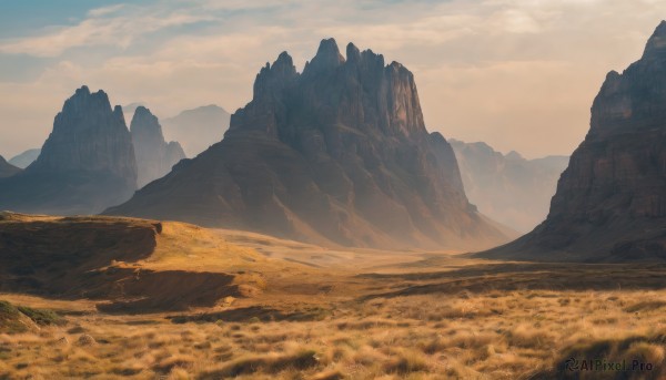 outdoors,sky,day,cloud,blue sky,no humans,cloudy sky,grass,nature,scenery,mountain,field,landscape,mountainous horizon,rock