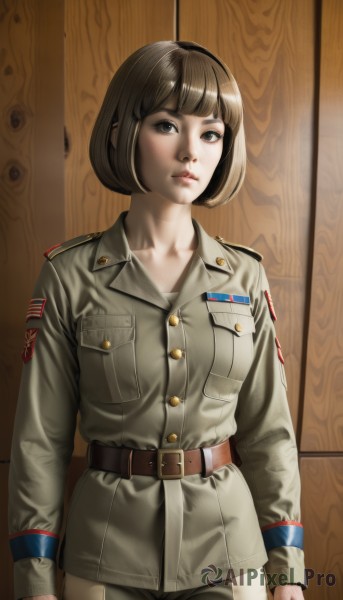 1girl,solo,breasts,looking at viewer,short hair,bangs,brown hair,long sleeves,brown eyes,closed mouth,standing,collarbone,jacket,cowboy shot,belt,pants,blunt bangs,uniform,black eyes,lips,military,military uniform,buttons,bob cut,buckle,pocket,belt buckle,realistic,nose,arms at sides,brown belt,breast pocket,wall,clenched hands,brown pants,military jacket,insignia